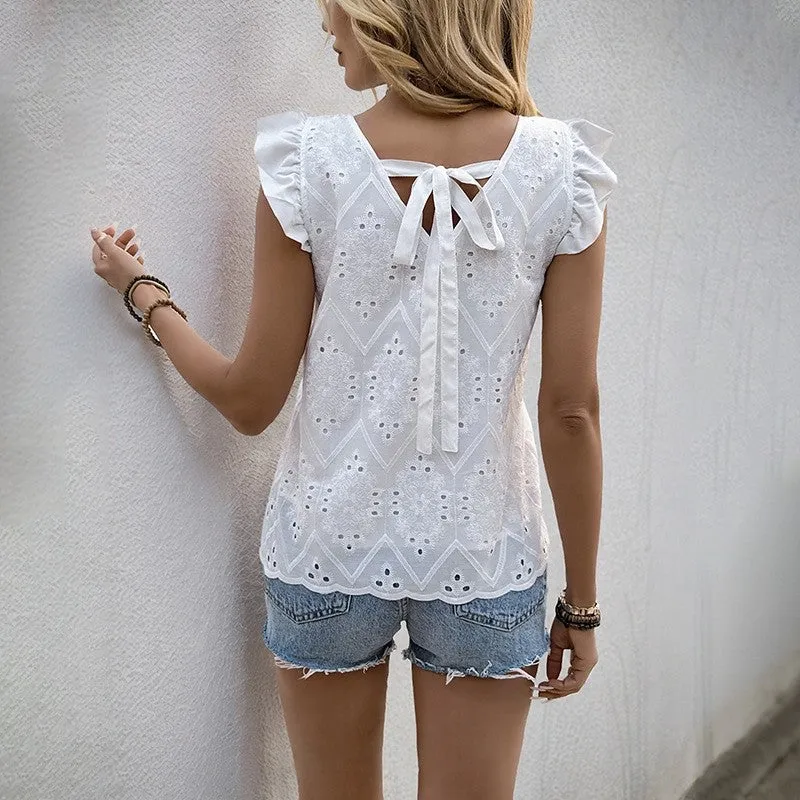 White Hollow-Out Tie-Waist Blouse With Lotus Leaf Sleeves