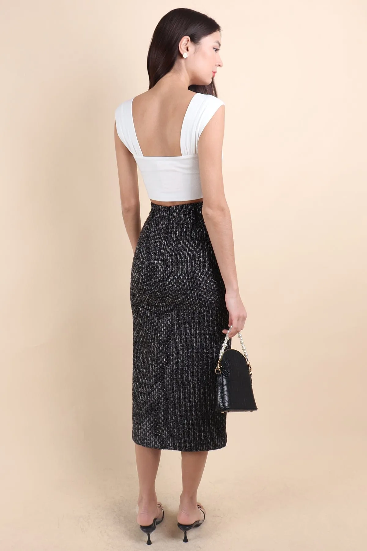WINSTON TWEED SLIT MIDI SKIRT IN BLACK