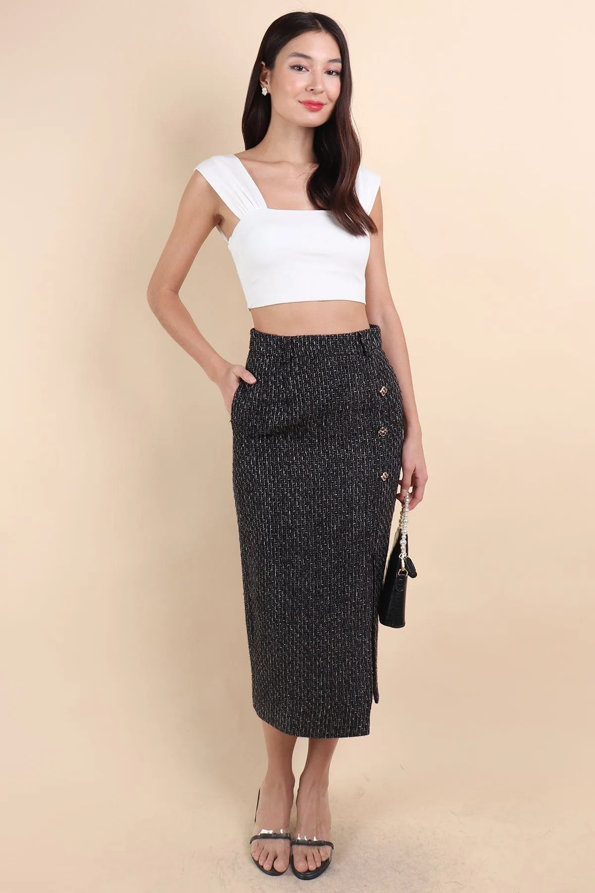WINSTON TWEED SLIT MIDI SKIRT IN BLACK
