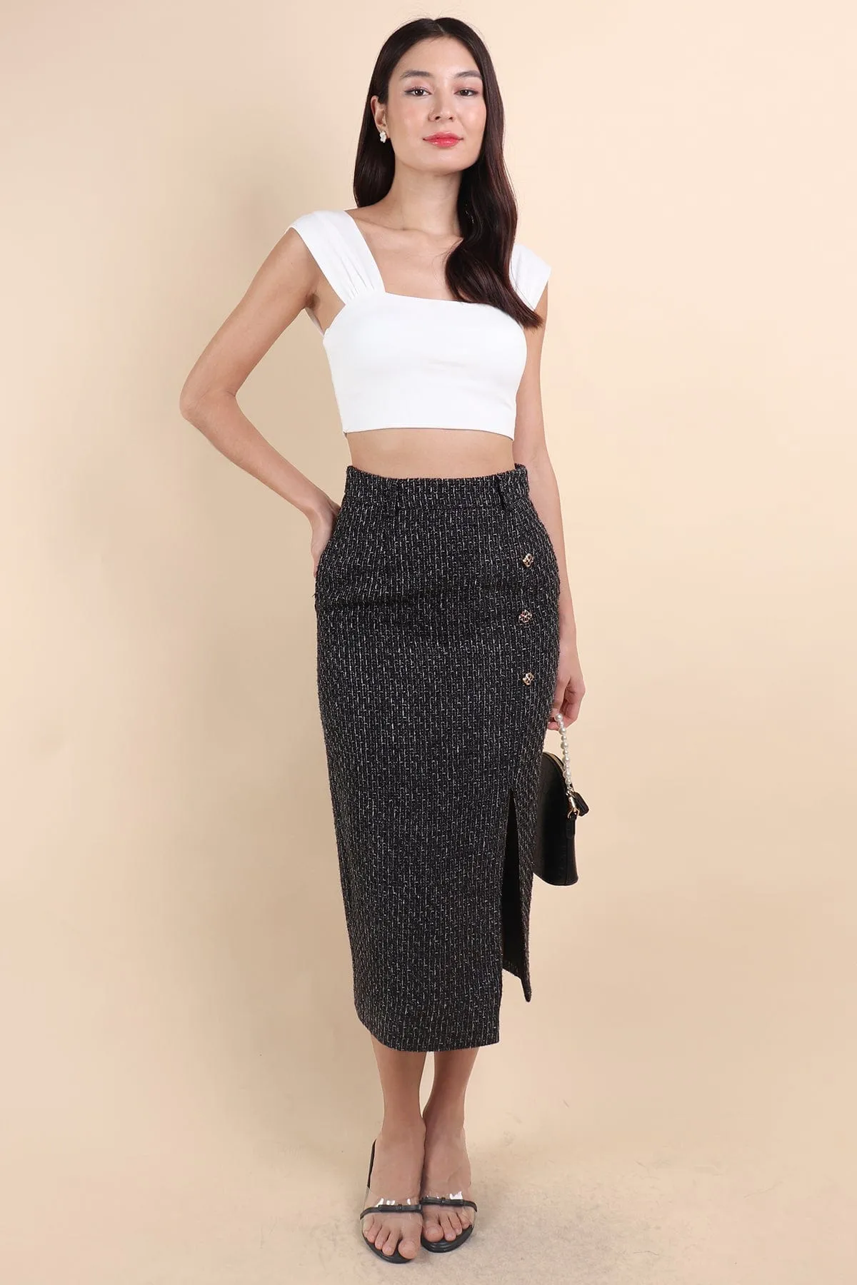WINSTON TWEED SLIT MIDI SKIRT IN BLACK