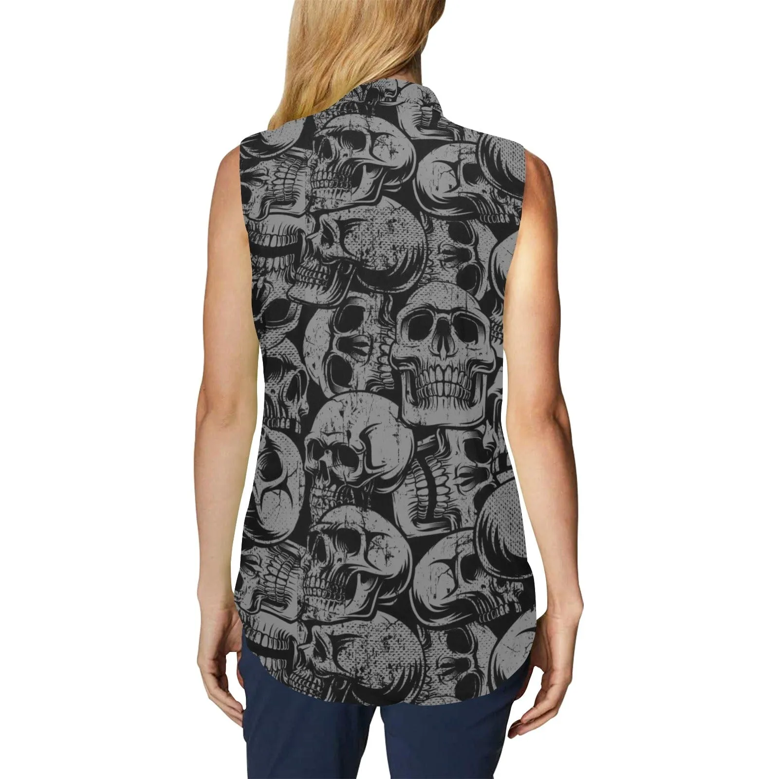 Women's Black Skulls Bow Tie V-Neck Sleeveless Blouse