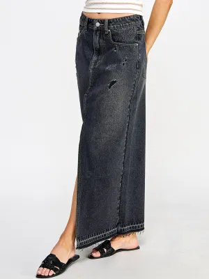 WOMEN'S BUTTON CLOSURE POCKETS FRONT SLIT DENIM MAXI SKIRT