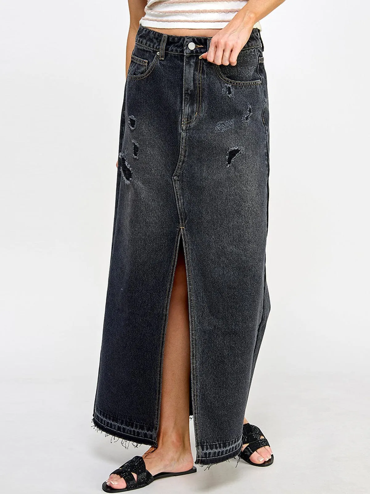 WOMEN'S BUTTON CLOSURE POCKETS FRONT SLIT DENIM MAXI SKIRT