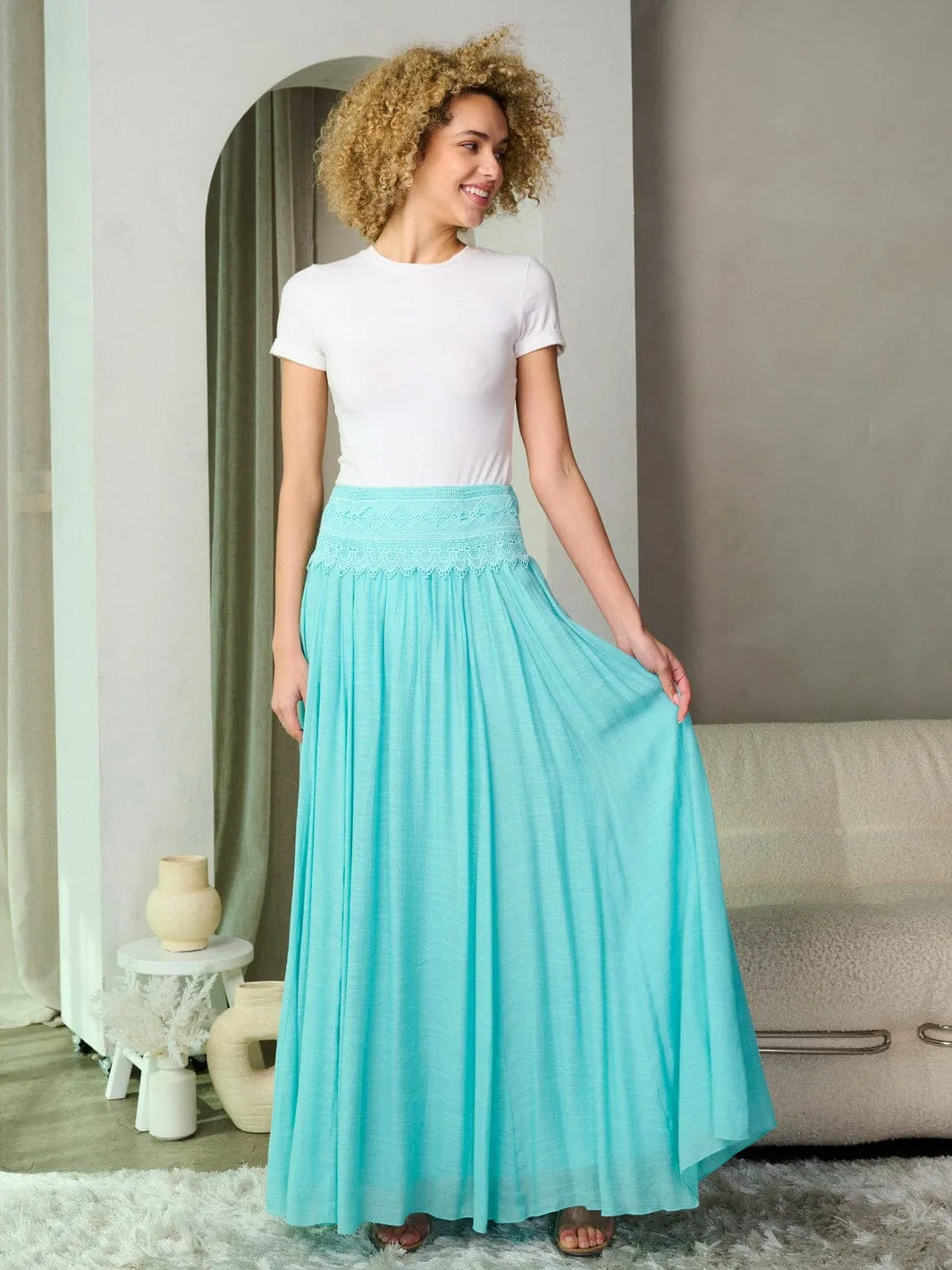WOMEN'S ELASTIC WAIST DETAILED MAXI SKIRT