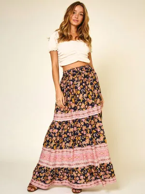 WOMEN'S ELASTIC WAIST MULTI PRINT MAXI SKIRT