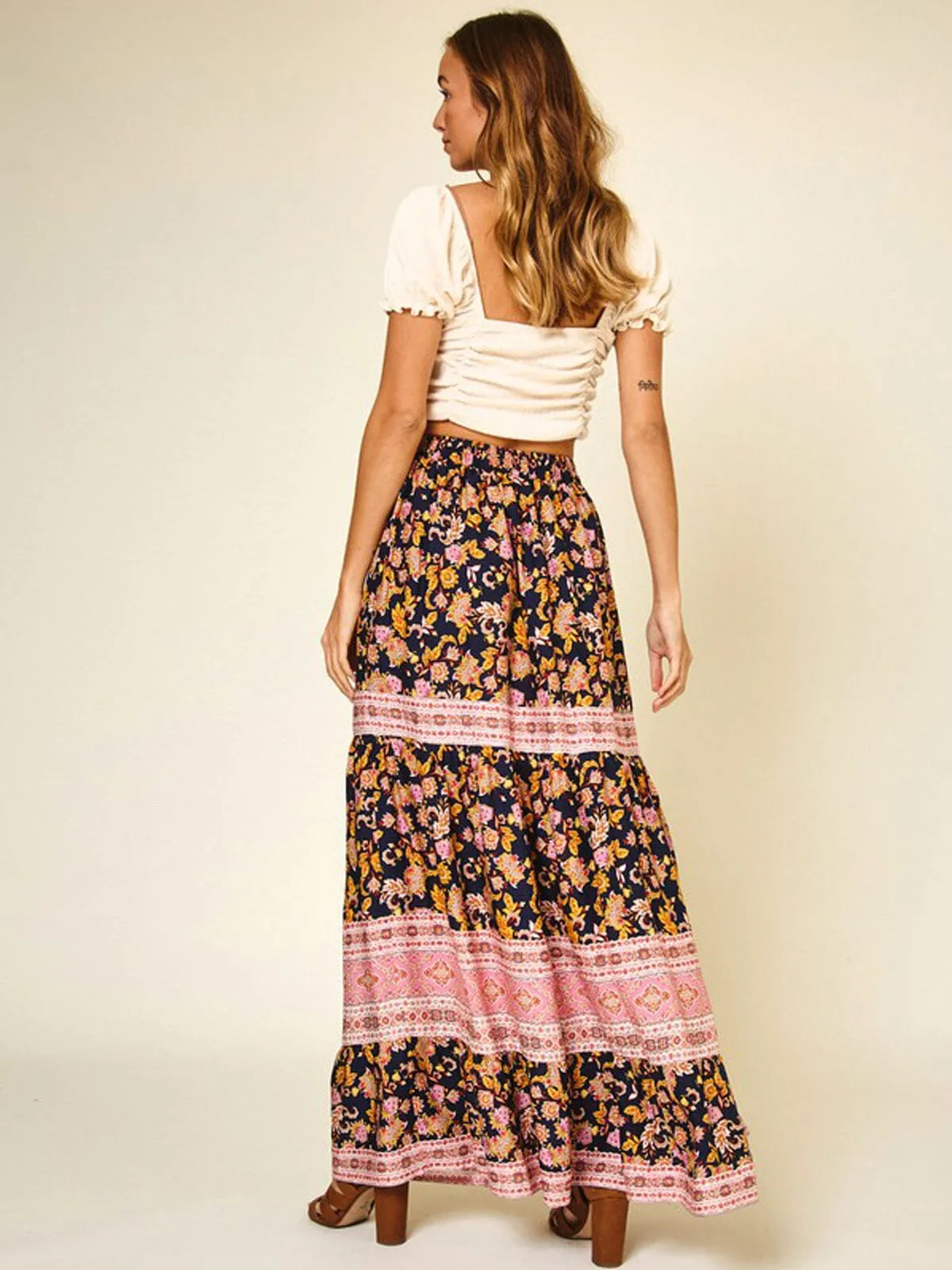 WOMEN'S ELASTIC WAIST MULTI PRINT MAXI SKIRT