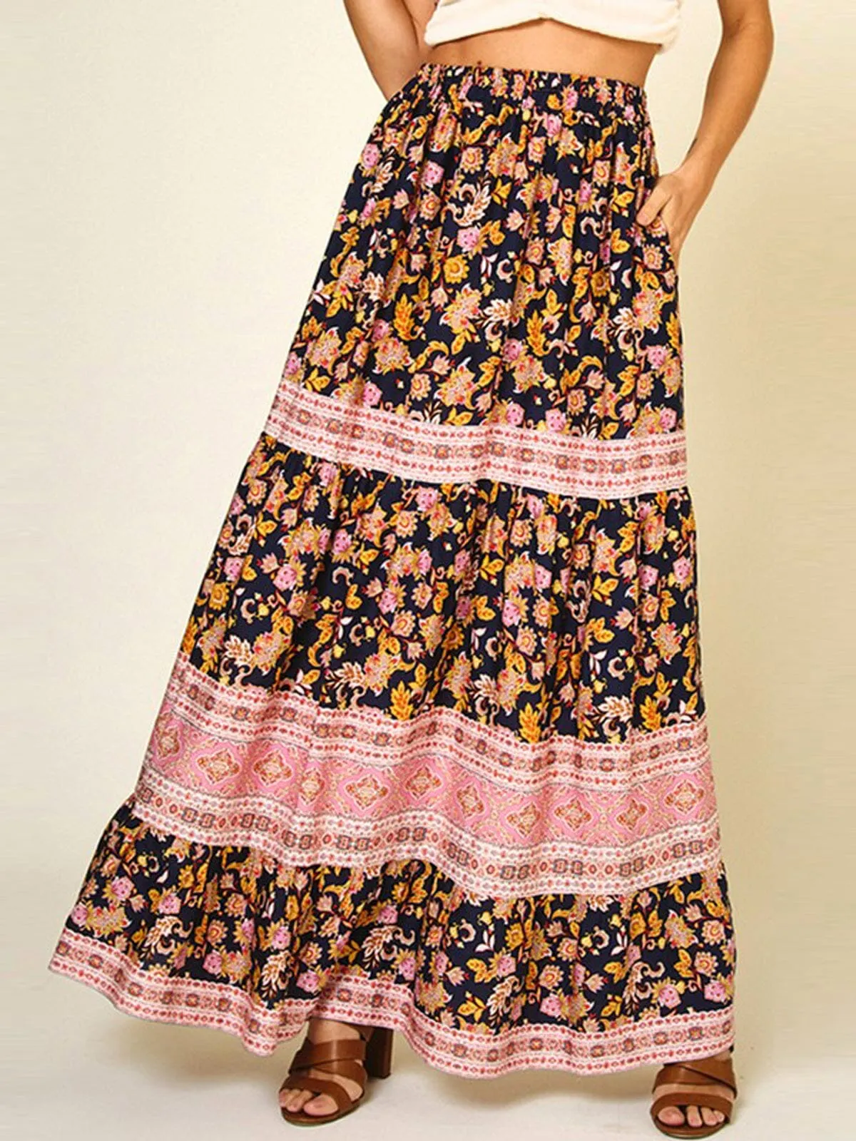 WOMEN'S ELASTIC WAIST MULTI PRINT MAXI SKIRT