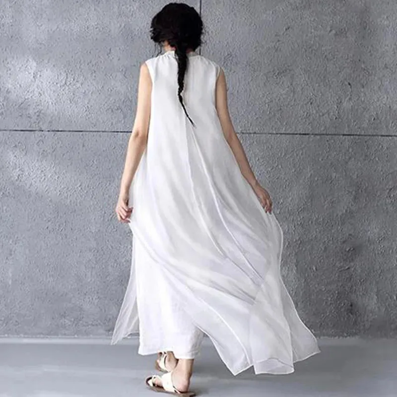 Women's Embroidered Organza Maxi Tank Dress Cotton Long Cotton Linen Dress Vintage Sundress Beach Dresses
