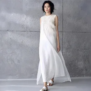 Women's Embroidered Organza Maxi Tank Dress Cotton Long Cotton Linen Dress Vintage Sundress Beach Dresses