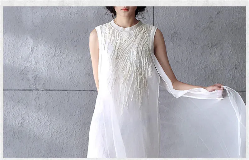 Women's Embroidered Organza Maxi Tank Dress Cotton Long Cotton Linen Dress Vintage Sundress Beach Dresses
