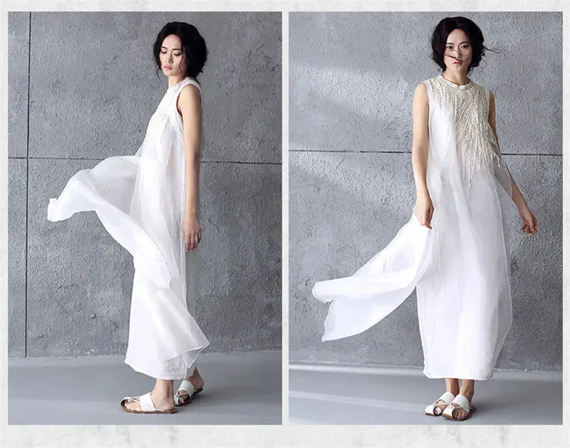 Women's Embroidered Organza Maxi Tank Dress Cotton Long Cotton Linen Dress Vintage Sundress Beach Dresses