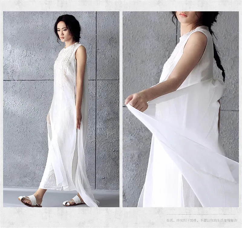 Women's Embroidered Organza Maxi Tank Dress Cotton Long Cotton Linen Dress Vintage Sundress Beach Dresses