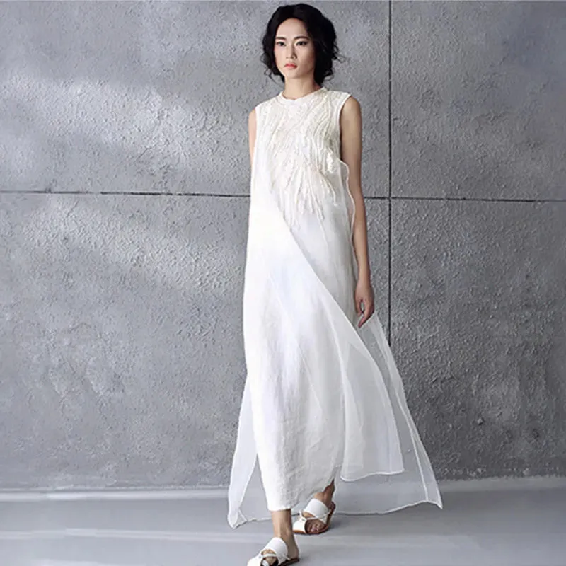 Women's Embroidered Organza Maxi Tank Dress Cotton Long Cotton Linen Dress Vintage Sundress Beach Dresses