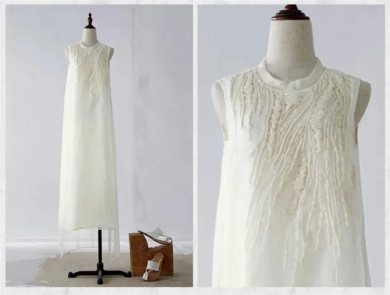 Women's Embroidered Organza Maxi Tank Dress Cotton Long Cotton Linen Dress Vintage Sundress Beach Dresses