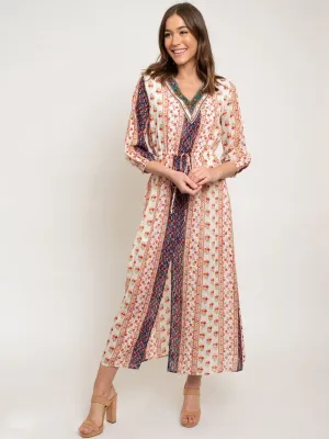 WOMEN'S IVORY V-NECK MAXI FLORAL DRESS