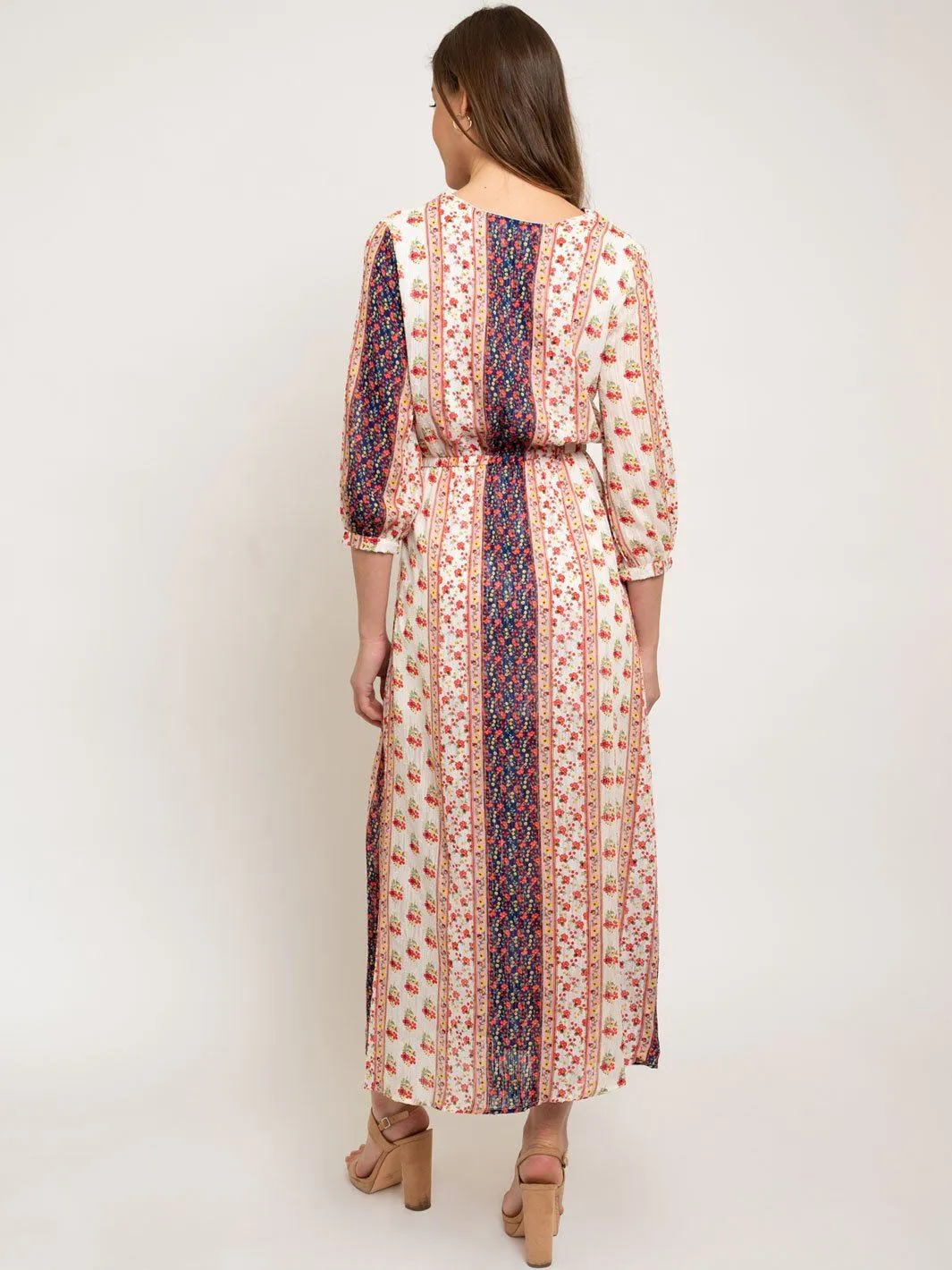 WOMEN'S IVORY V-NECK MAXI FLORAL DRESS