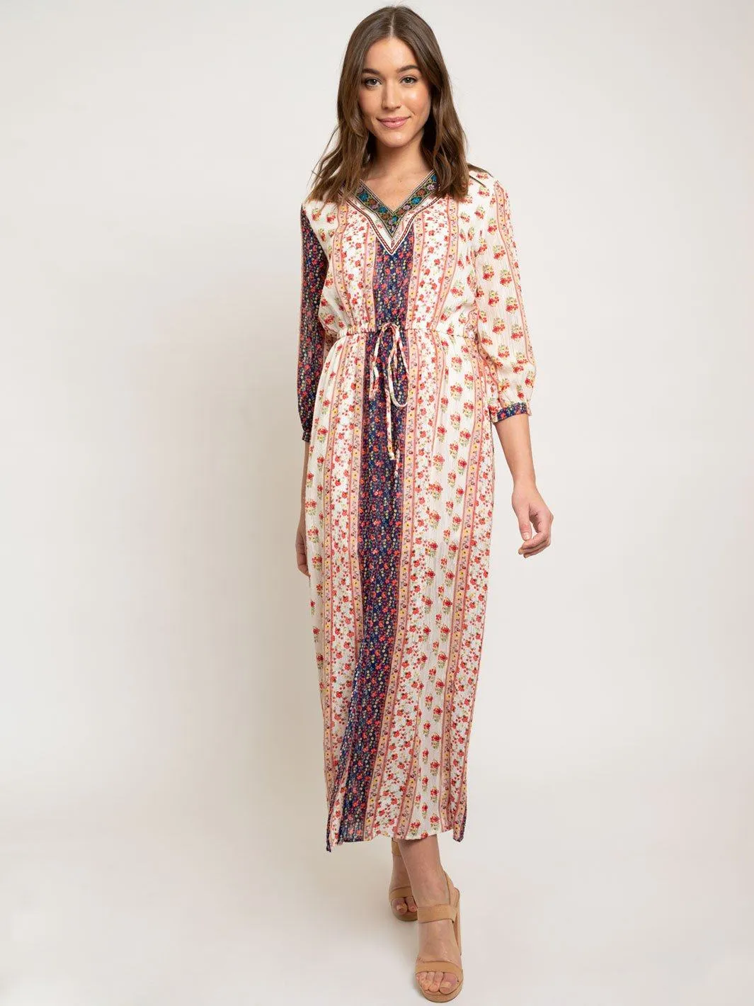 WOMEN'S IVORY V-NECK MAXI FLORAL DRESS