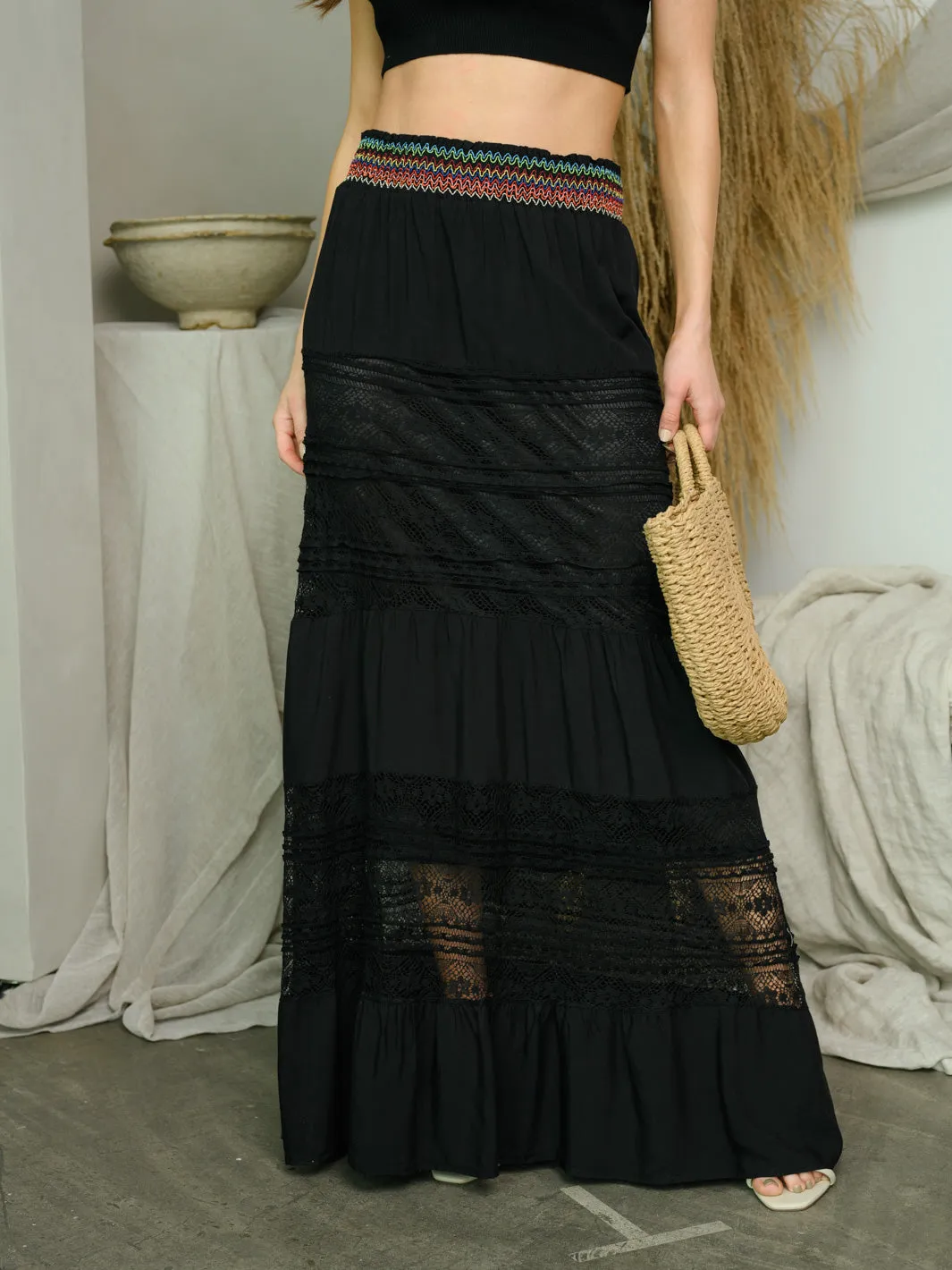 WOMEN'S LACE TIERED MAXI SKIRT