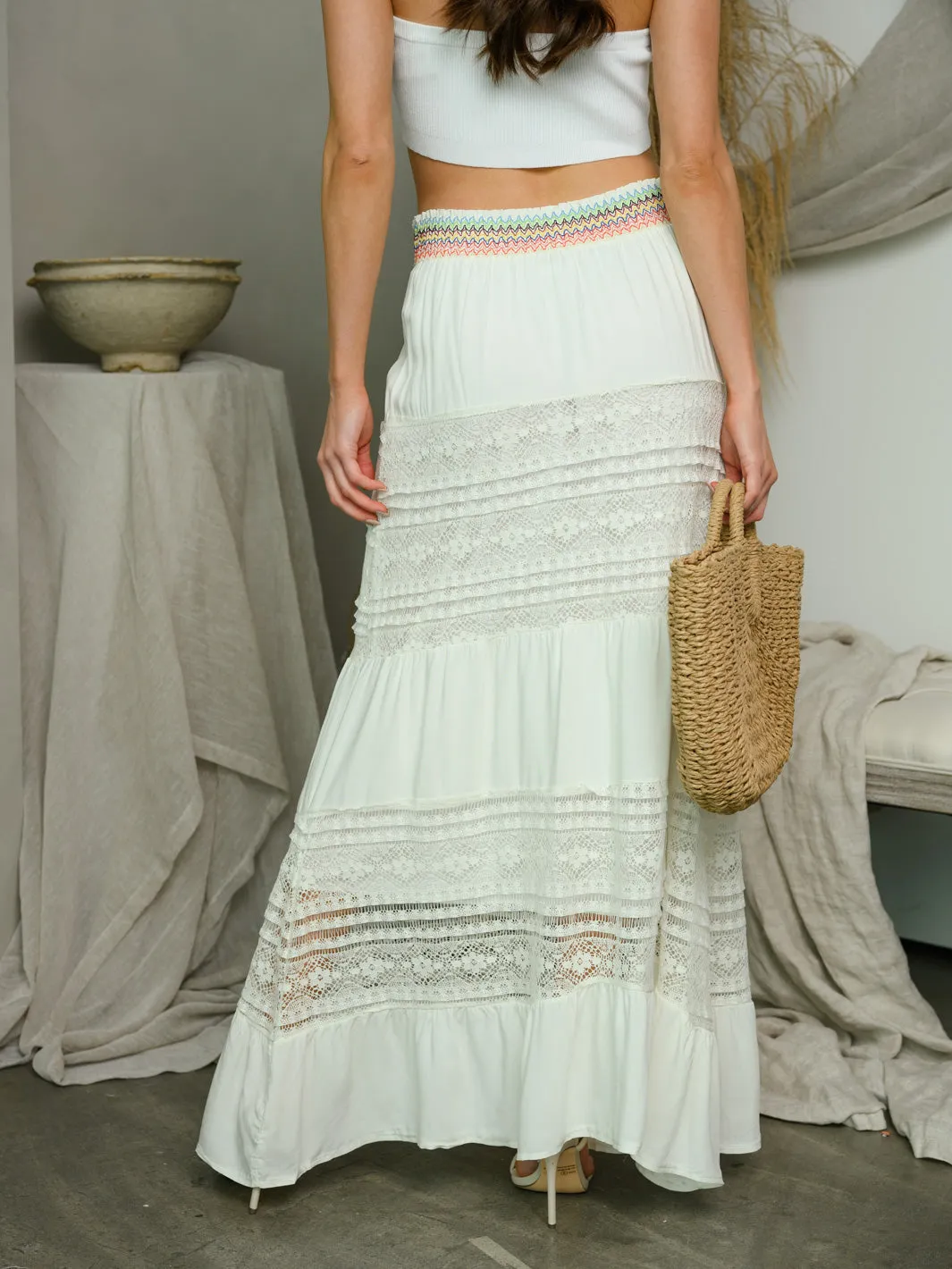 WOMEN'S LACE TIERED MAXI SKIRT