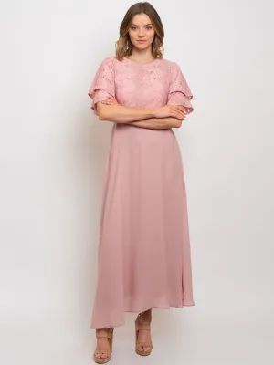 WOMEN'S MOCK-NECK LACE TRIMMED MAXI DRESS