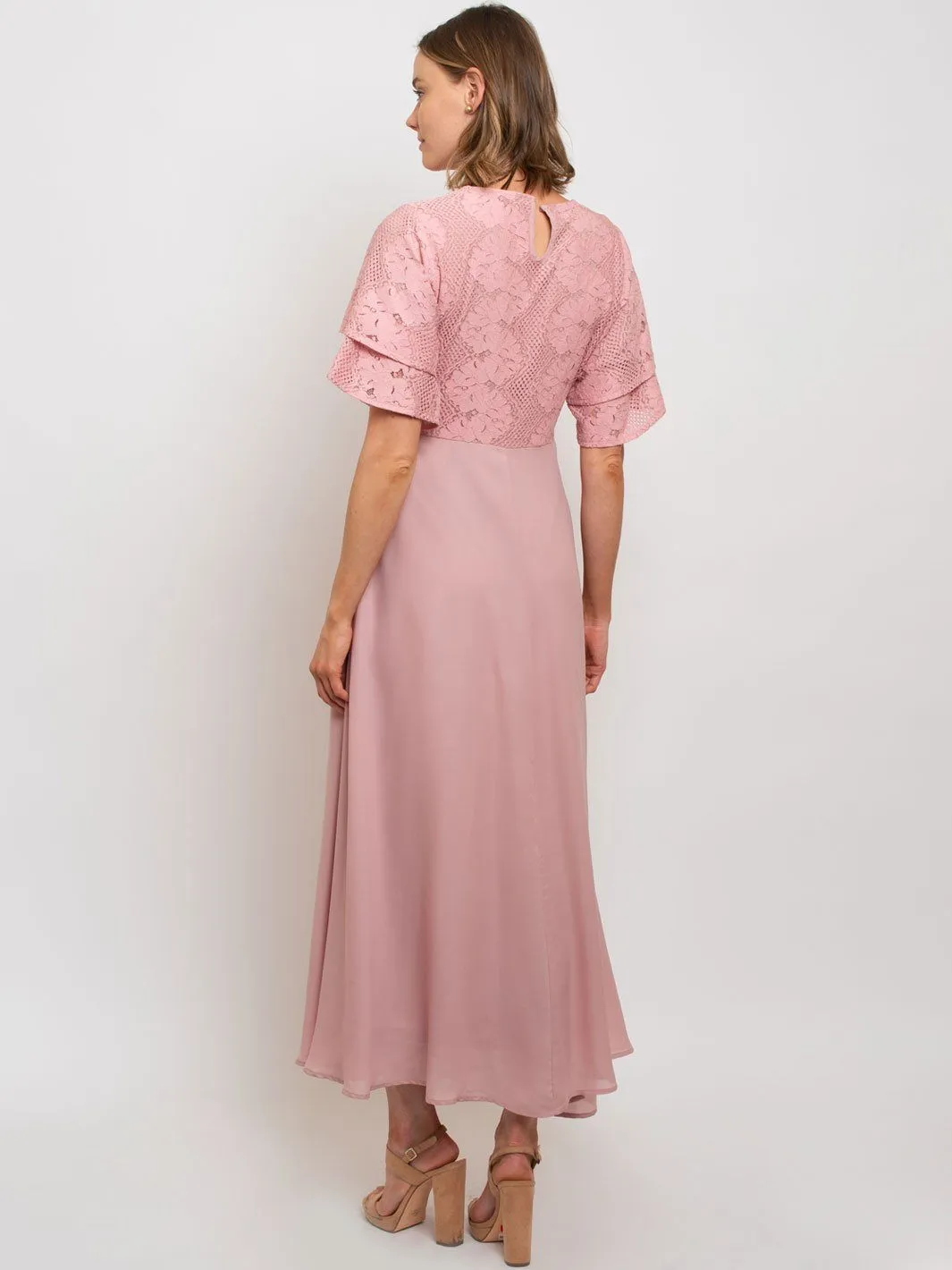 WOMEN'S MOCK-NECK LACE TRIMMED MAXI DRESS