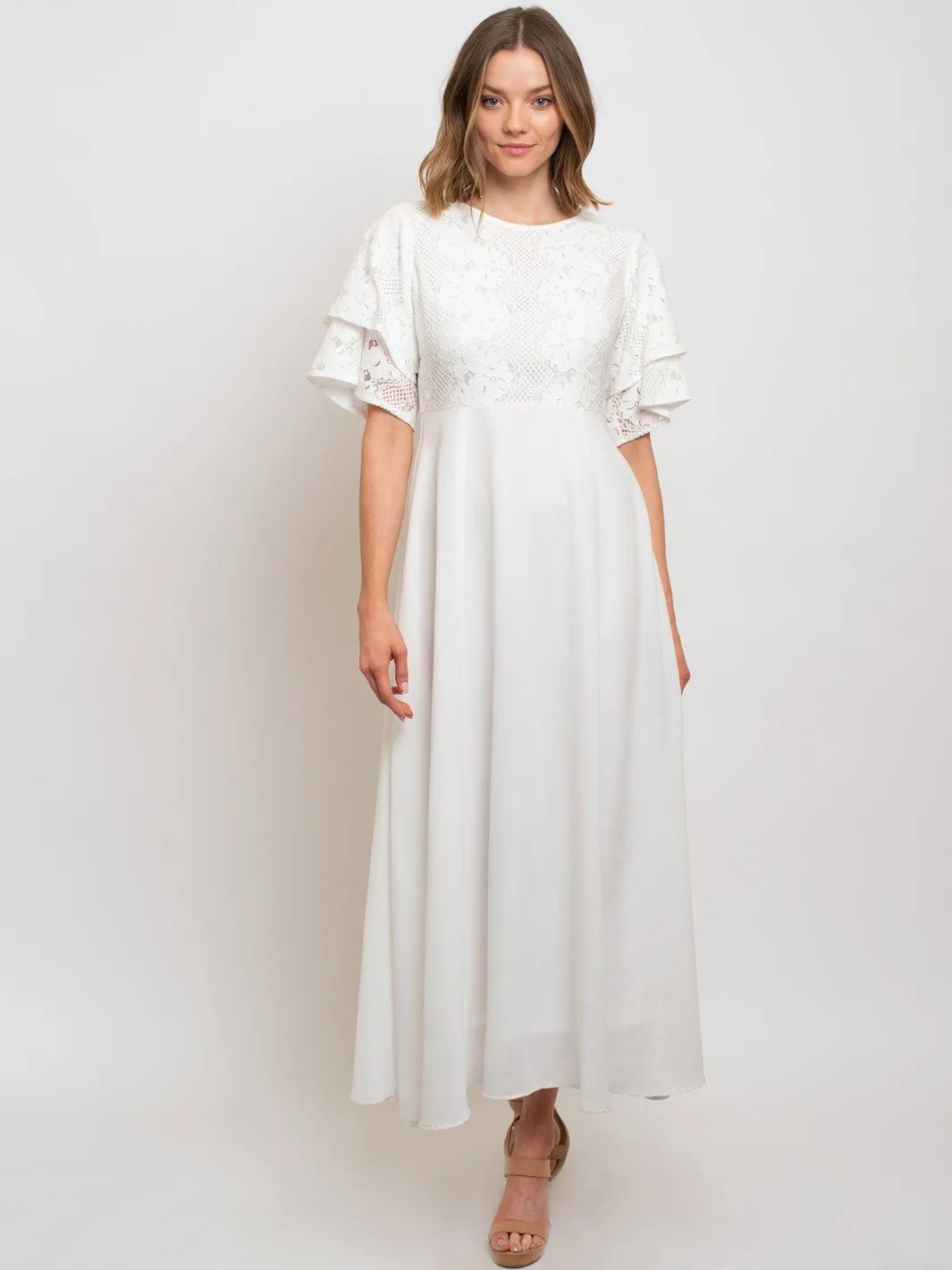 WOMEN'S MOCK-NECK LACE TRIMMED MAXI DRESS
