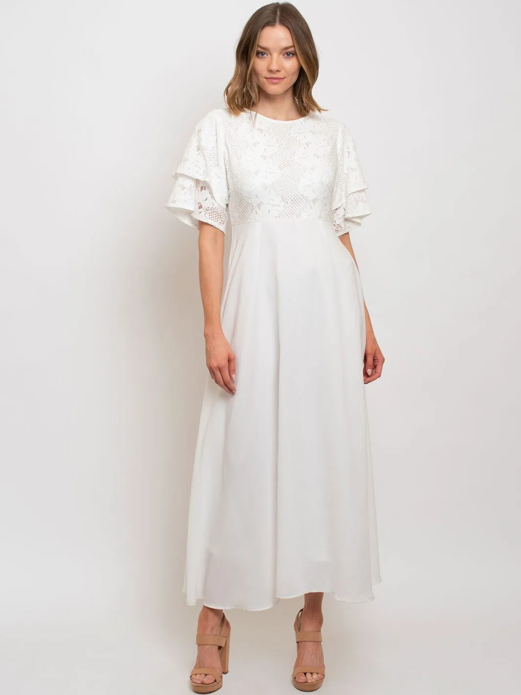 WOMEN'S MOCK-NECK LACE TRIMMED MAXI DRESS