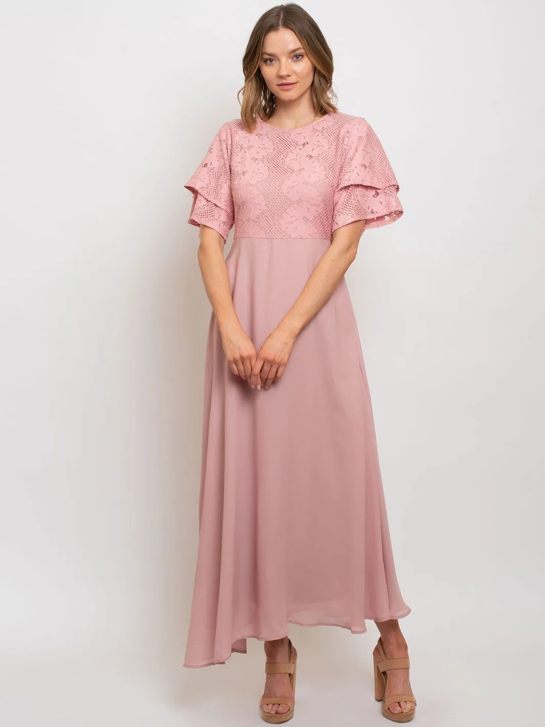 WOMEN'S MOCK-NECK LACE TRIMMED MAXI DRESS