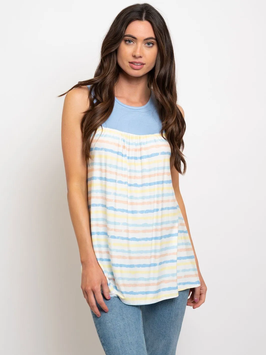 WOMEN'S MULTICOLOR STRIPES SLEEVELESS TUNIC TOP