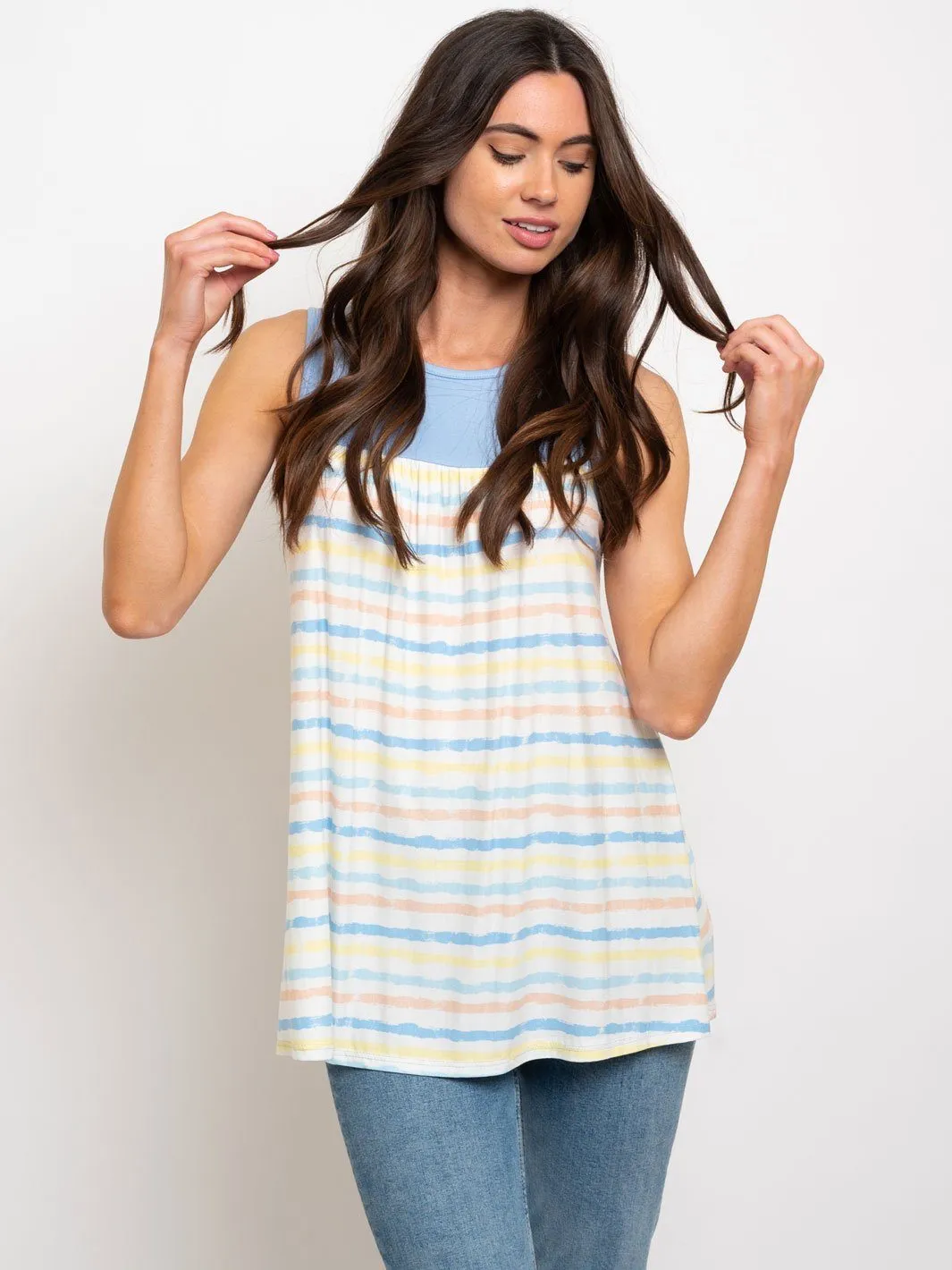 WOMEN'S MULTICOLOR STRIPES SLEEVELESS TUNIC TOP