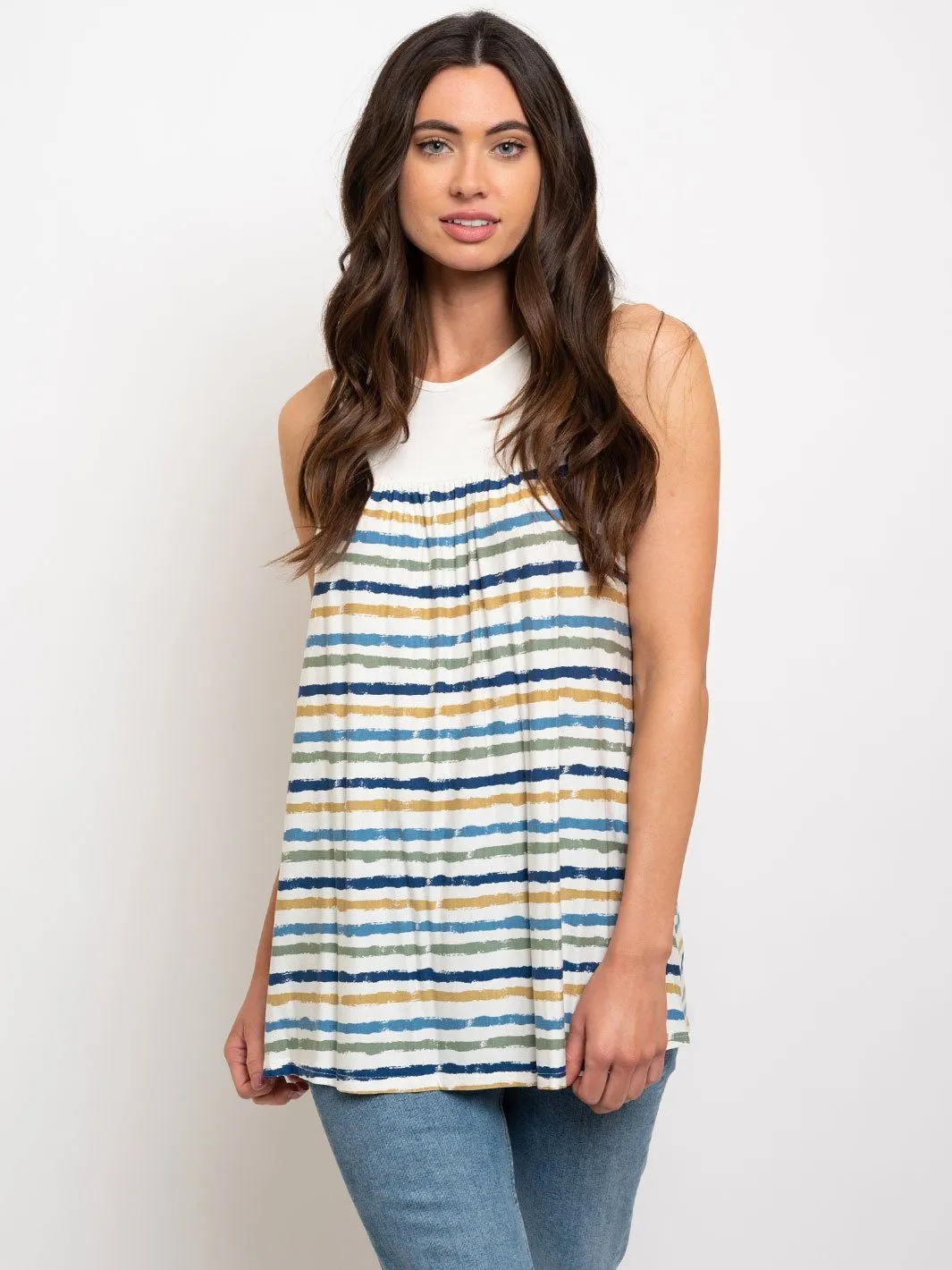 WOMEN'S MULTICOLOR STRIPES SLEEVELESS TUNIC TOP