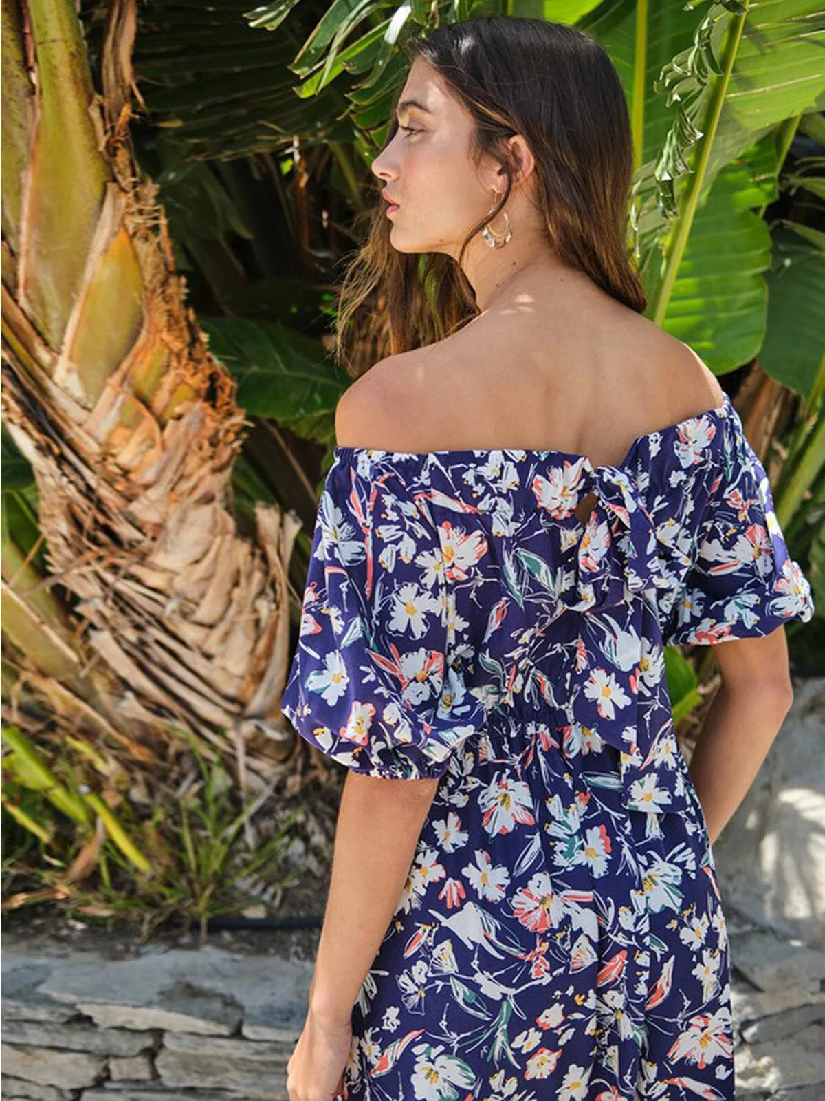 WOMEN'S OFF SHOULDER RUFFLE FLORAL MAXI DRESS