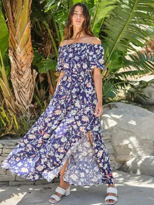 WOMEN'S OFF SHOULDER RUFFLE FLORAL MAXI DRESS