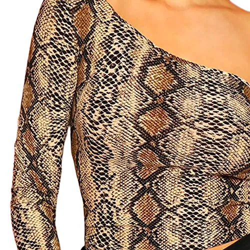 Women's One Shoulder Long Sleeve Crop Top (Snake)