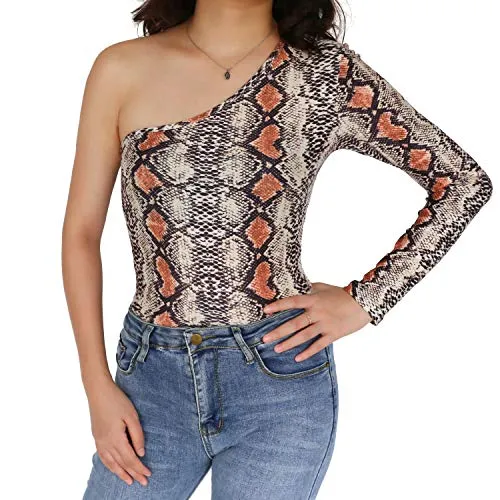 Women's One Shoulder Long Sleeve Crop Top (Snake)