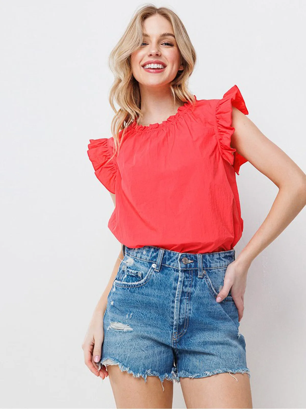 WOMEN'S RUFFLE SLEEVE NECK DETAILED BLOUSE TOP
