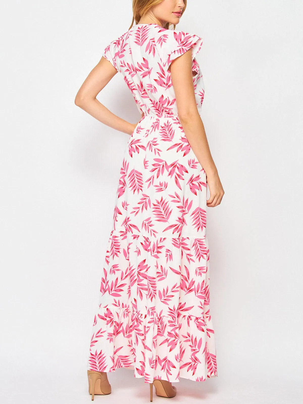 WOMEN'S RUFFLE SLEEVE TIERED LEAF PRINT MAXI DRESS