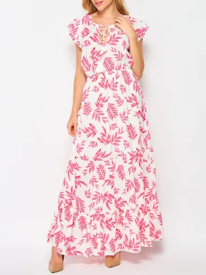 WOMEN'S RUFFLE SLEEVE TIERED LEAF PRINT MAXI DRESS