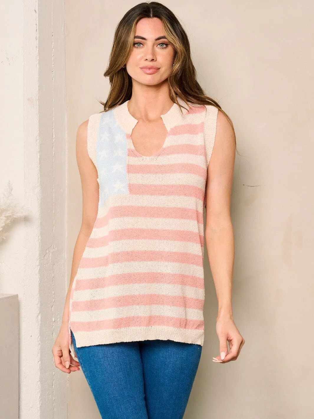 WOMEN'S SLEEVELESS AMERICAN FLAG PRINT TANK TOP