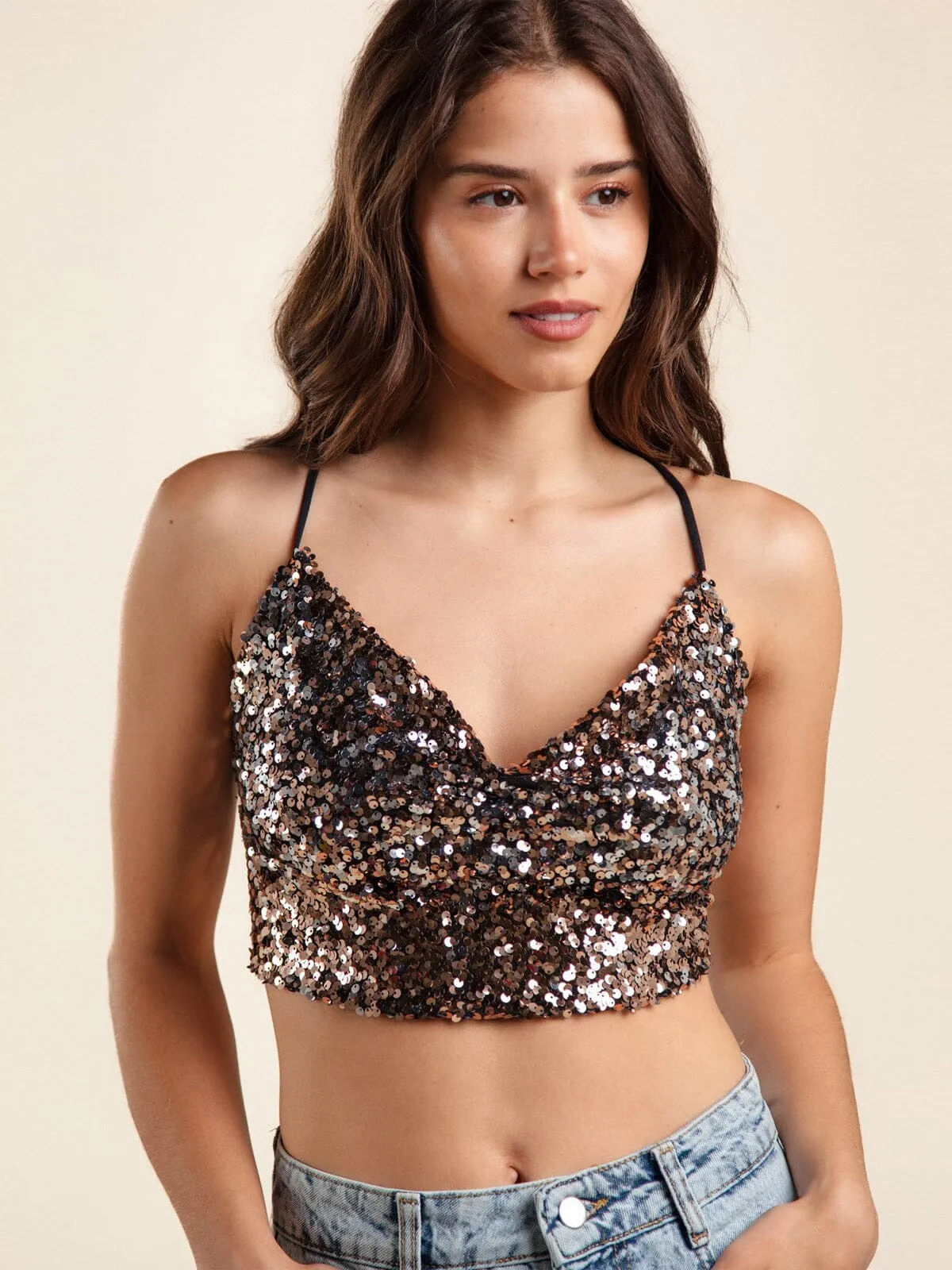 WOMEN'S SLEEVELESS COWL NECK SEQUINS CROP TOP