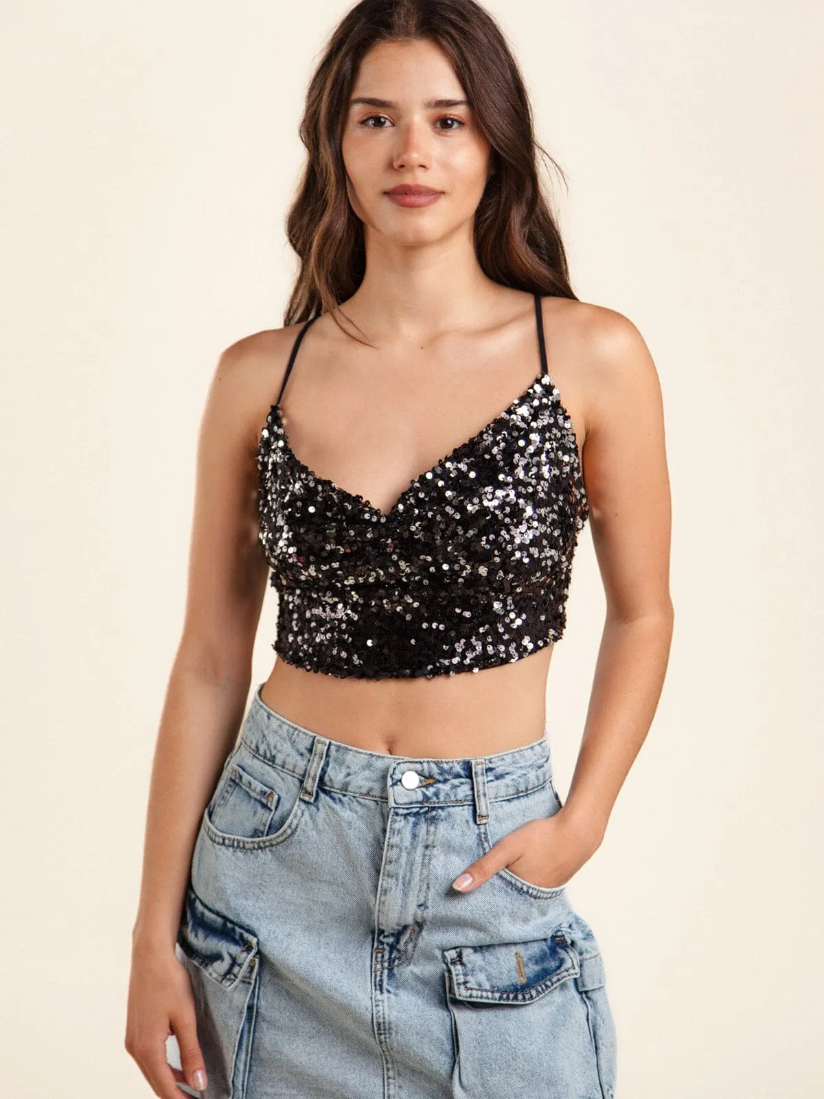 WOMEN'S SLEEVELESS COWL NECK SEQUINS CROP TOP