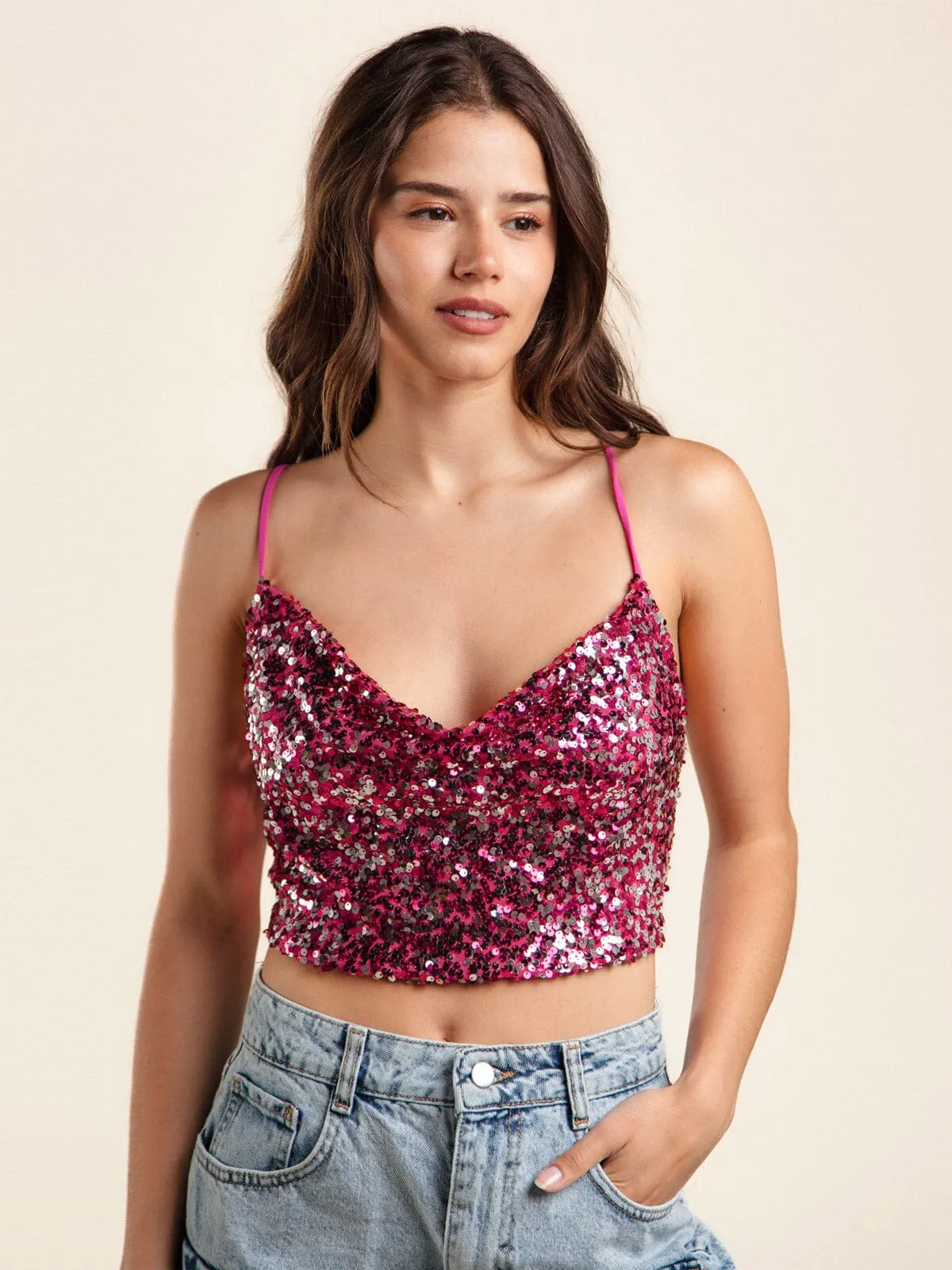 WOMEN'S SLEEVELESS COWL NECK SEQUINS CROP TOP