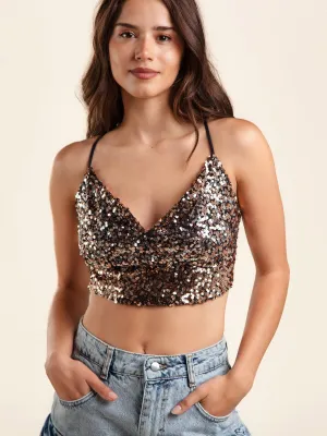 WOMEN'S SLEEVELESS COWL NECK SEQUINS CROP TOP