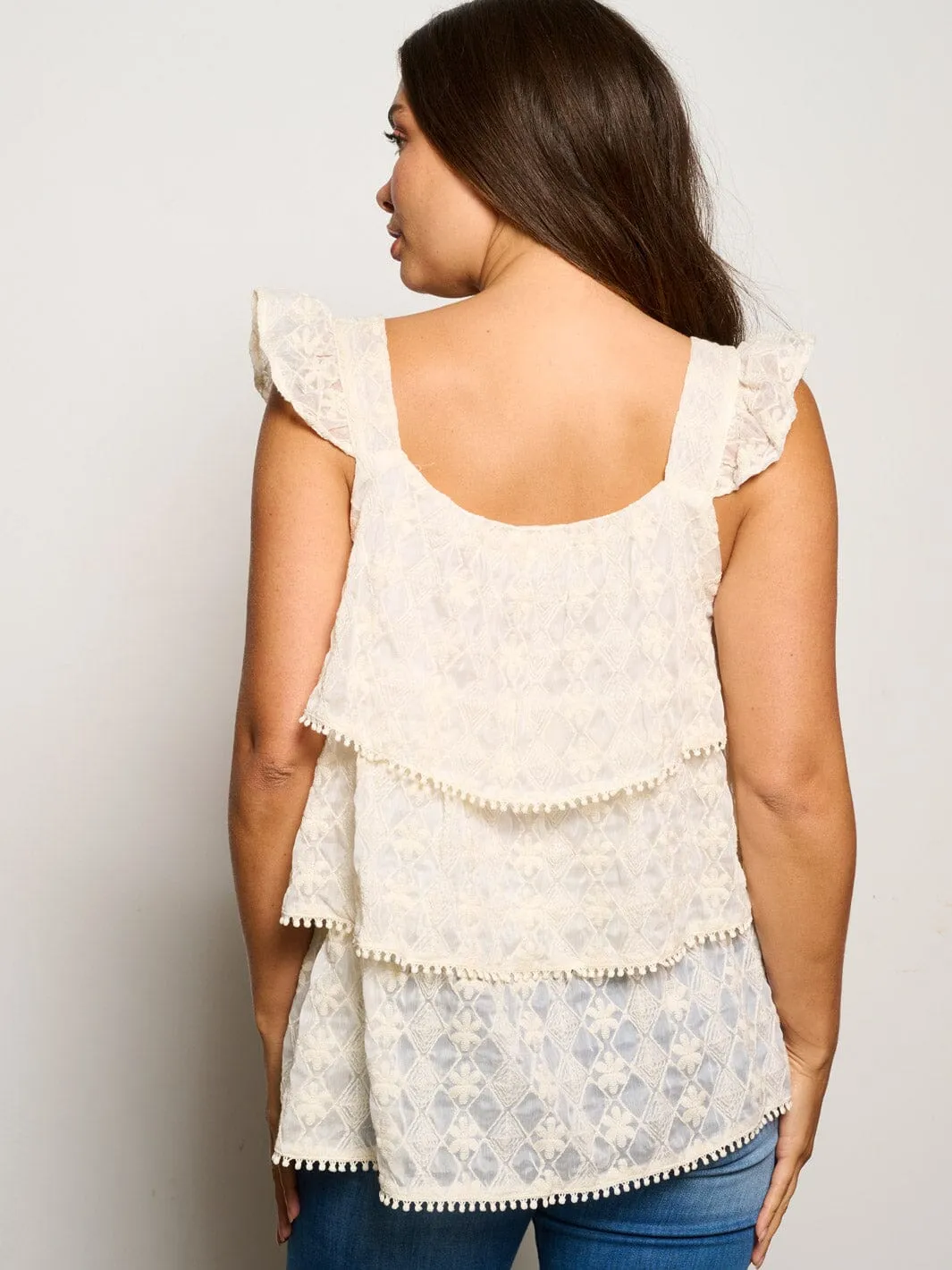 WOMEN'S SLEEVELESS EMBROIDERY TIERED RUFFLE BLOUSE TANK TOP