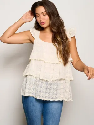 WOMEN'S SLEEVELESS EMBROIDERY TIERED RUFFLE BLOUSE TANK TOP