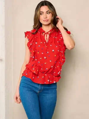 WOMEN'S SLEEVELESS FLORAL RUFFLE TOP