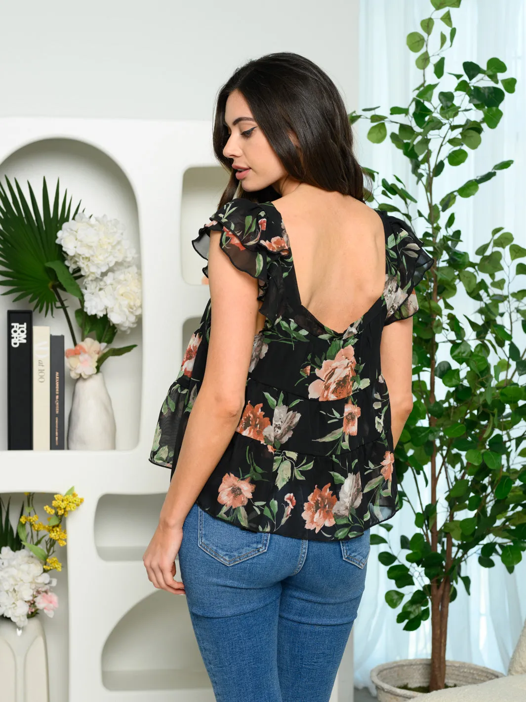 WOMEN'S SLEEVELESS FLORAL TIERED TOP