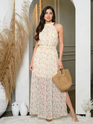 WOMEN'S SLEEVELESS HALTER NECK FLORAL MAXI DRESS