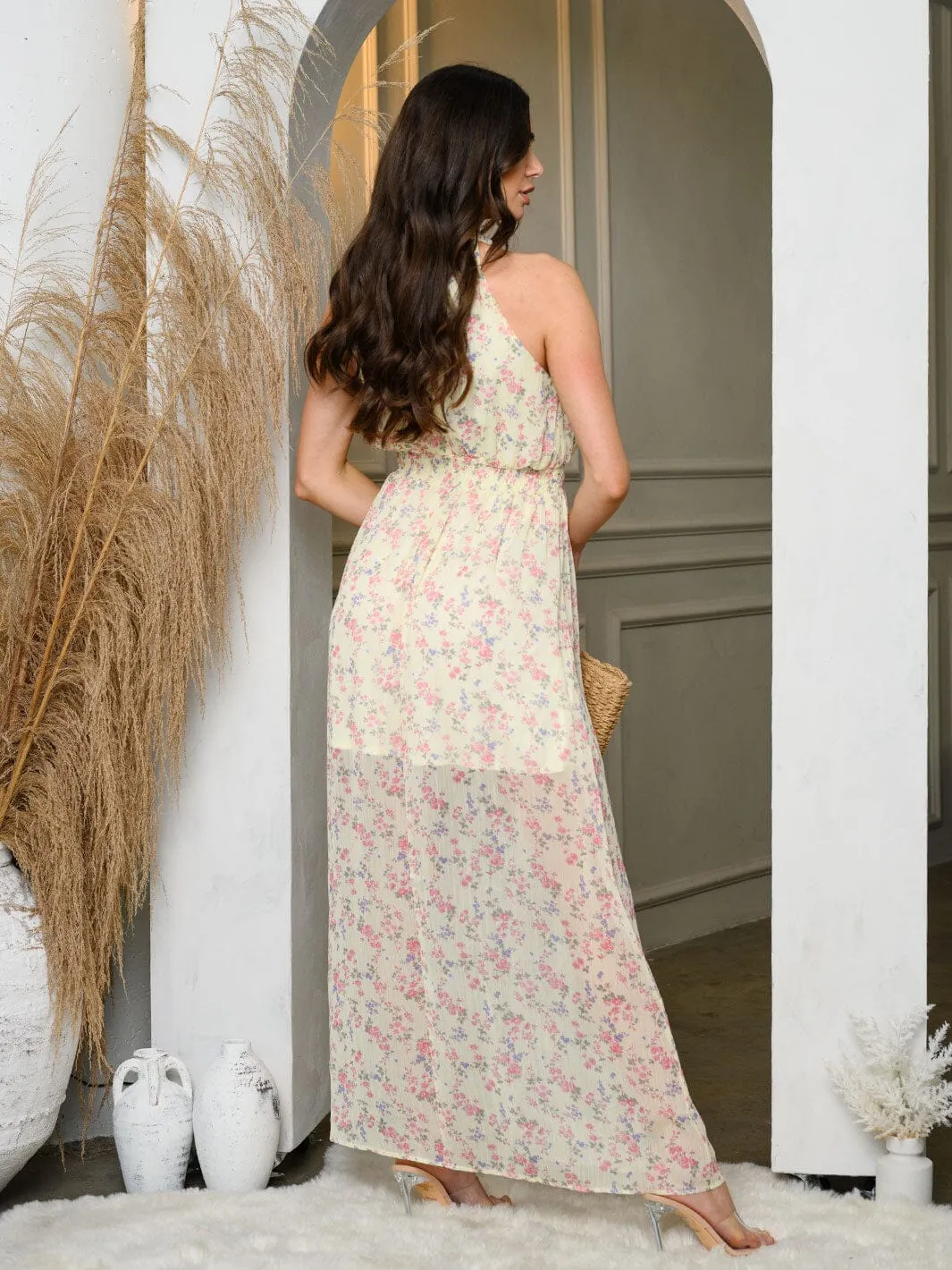 WOMEN'S SLEEVELESS HALTER NECK FLORAL MAXI DRESS