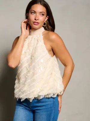 WOMEN'S SLEEVELESS HALTER NECK TASSEL DETAILED BLOUSE TOP